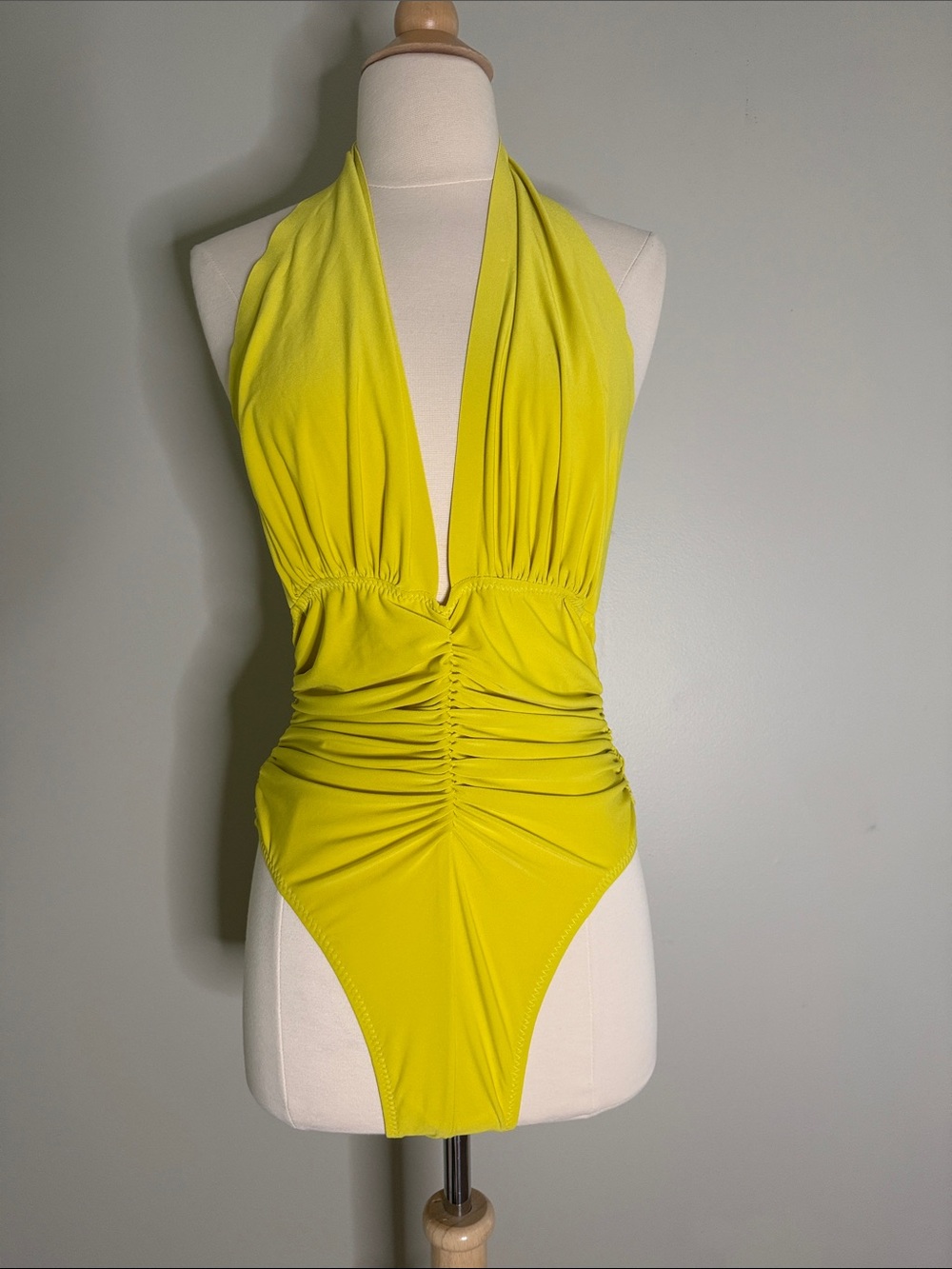 Norma Kamali Green-Yellow Plunge Halter One-Piece Swimsuit